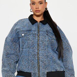 Oversized Denim Bomber Jacket w/ Leopard Print Trim